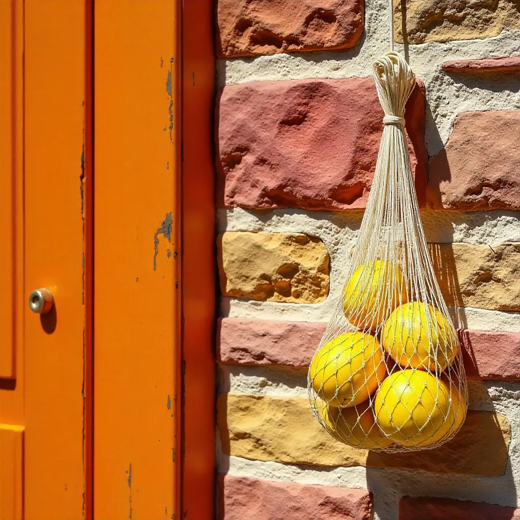 Colorful Stone Wall with Orange Door and Lemons
