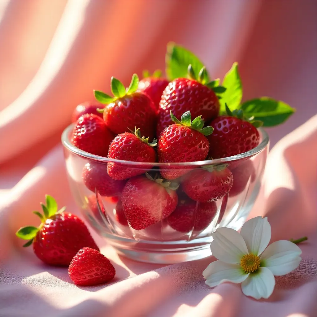 Sunlit Glass Bowl of Strawberries on Pink Fabric