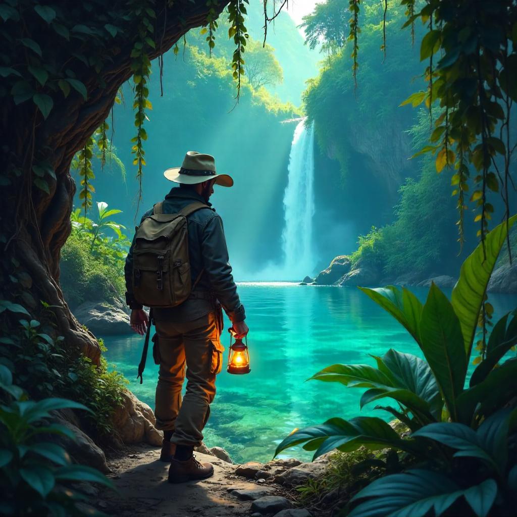 Explorer at a Hidden Lagoon in Digital Dreamscape