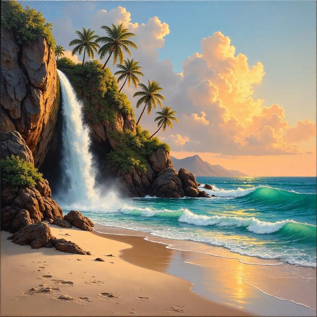 Sunlit Beach Waterfall in Oil on Canvas