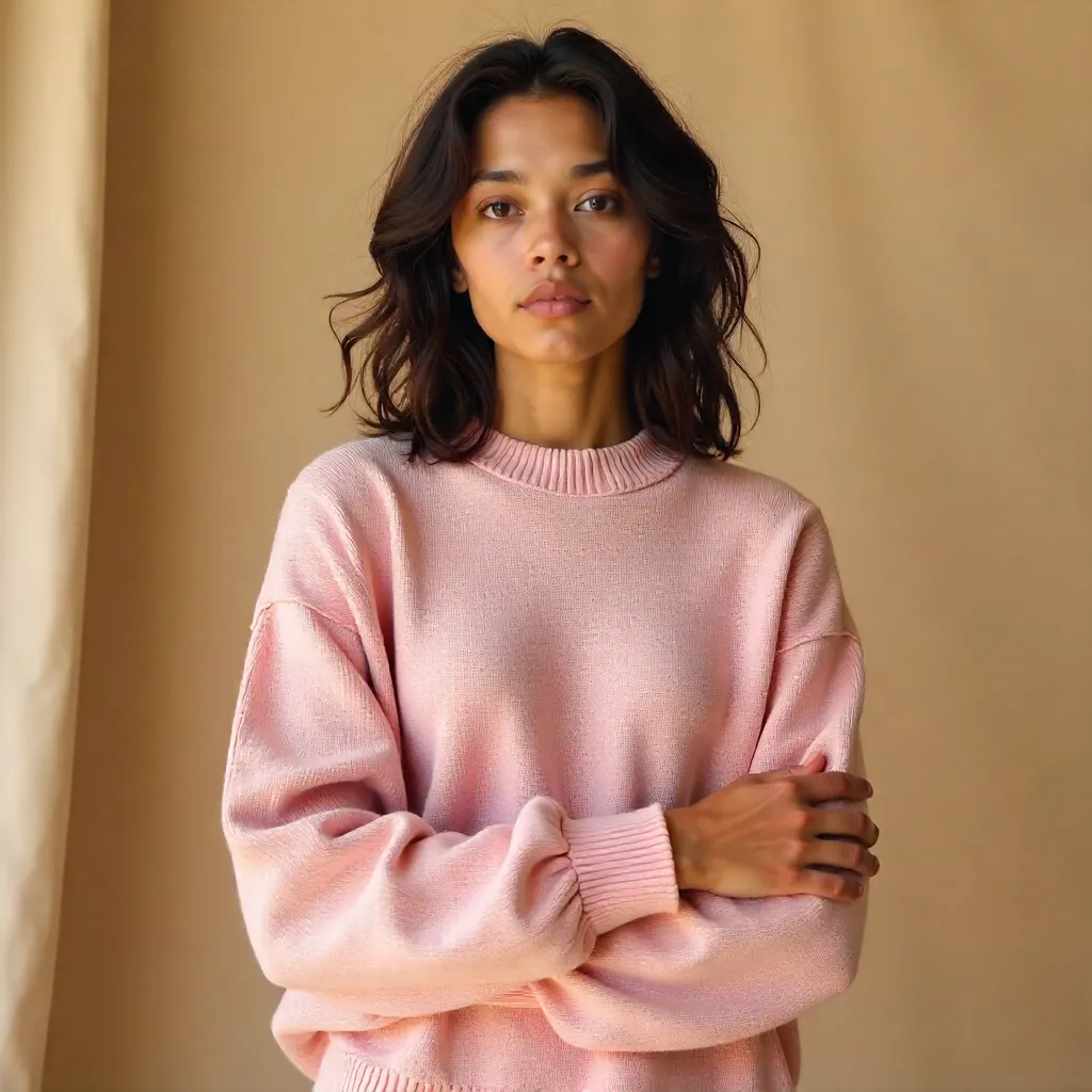 Pink Sweater Blending into Warm Neutral Backdrop