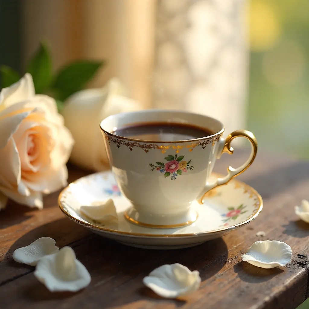 Elegant Coffee Cup on Floral Saucer with White Roses