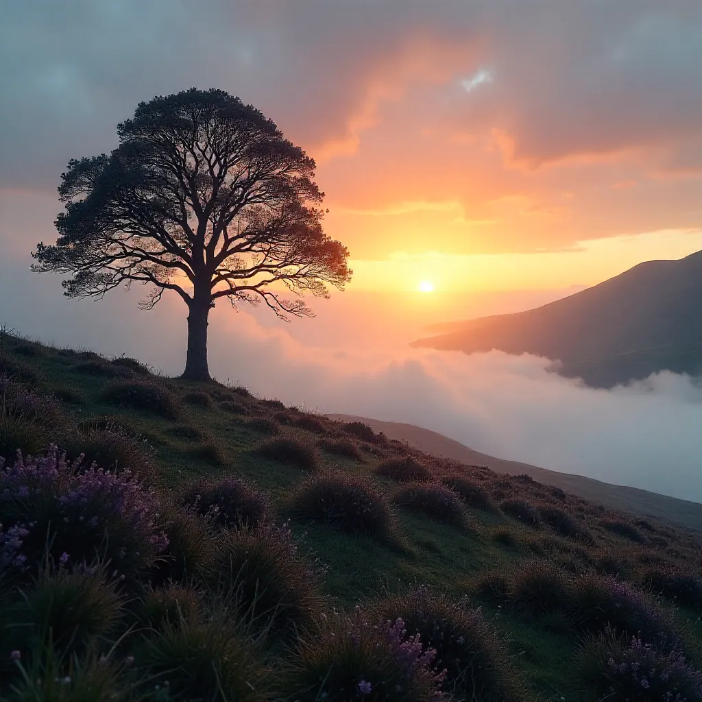 Dawn Silhouette: Tree in Misty Scottish Highlands