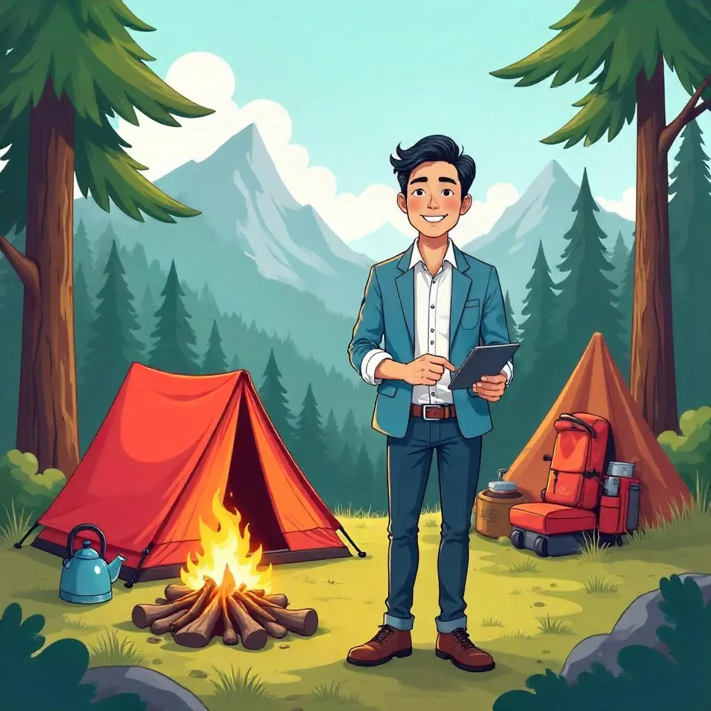 Cartoon Style: Professional Asian Man at a Campsite
