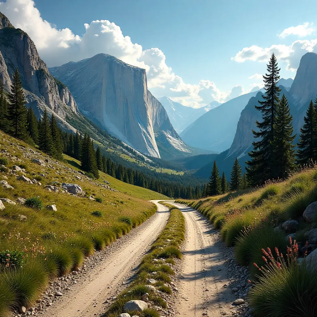 Dirt Road Through Alpine Mountains Under Blue Sky