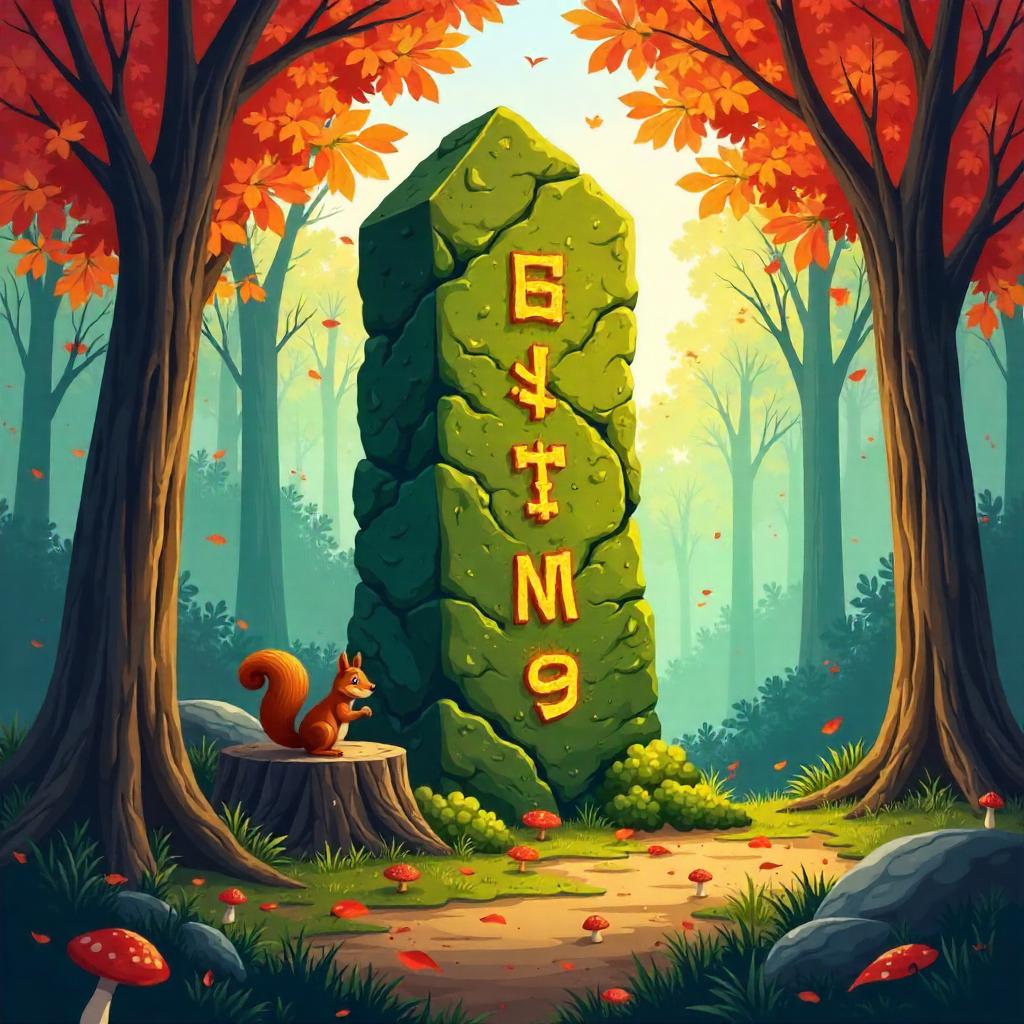 Runic Stone in Autumn Forest - Cartoon Style