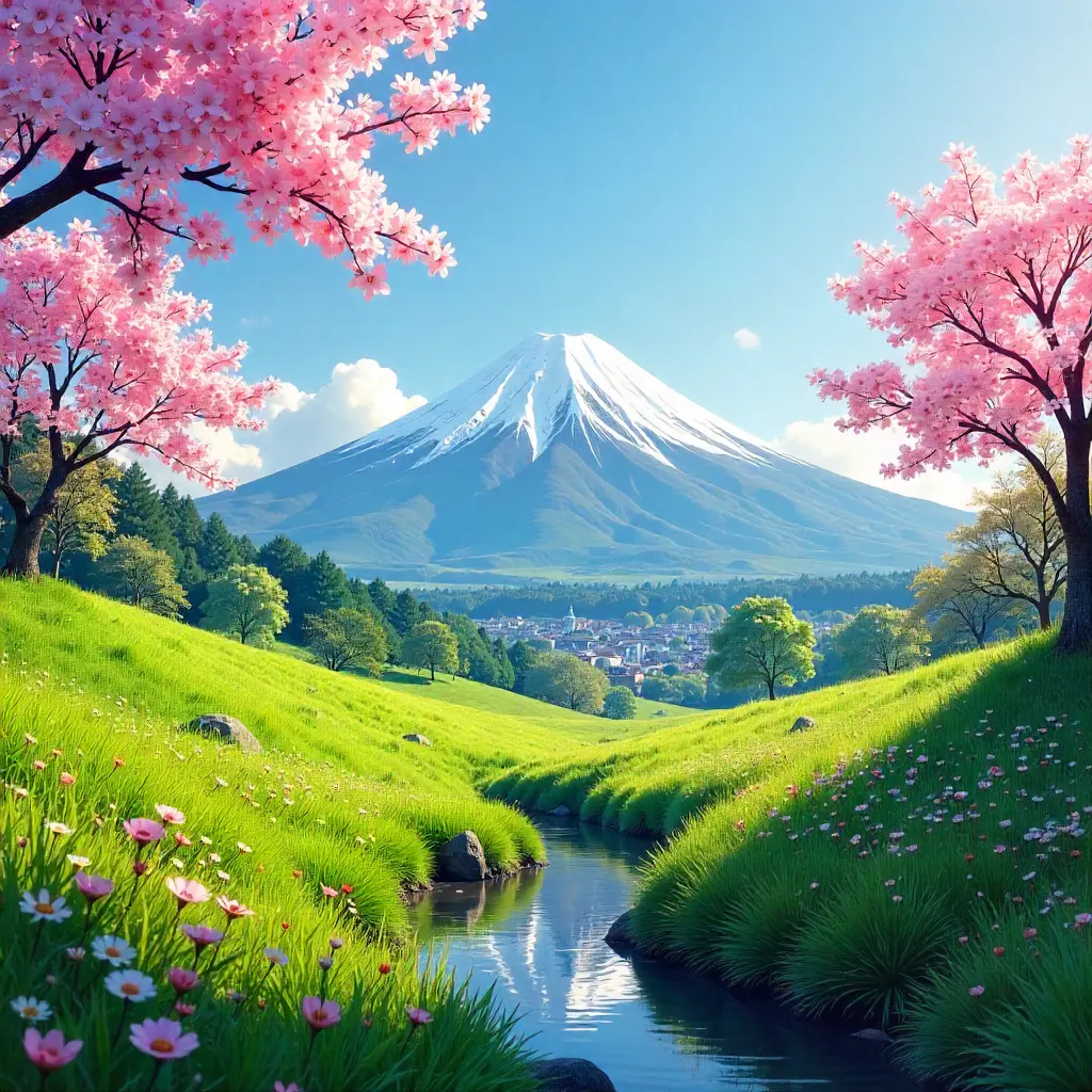 Captivating Spring View of Mount Fuji Over Verdant Greenery