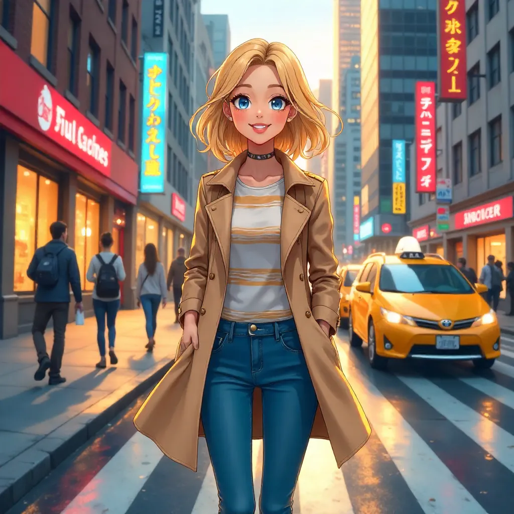 Cheerful Caucasian Anime Woman on a City Street