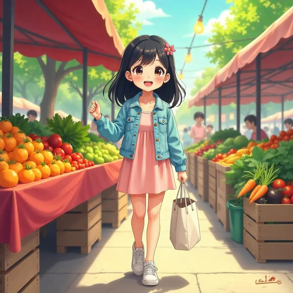 Cheerful Asian Girl at a Lively Farmers Market
