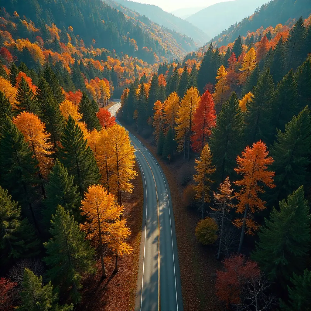 Serpentine Autumn Road Through Dense Forest