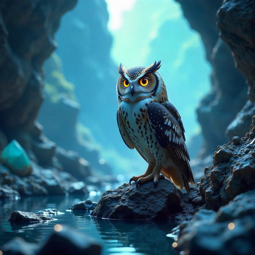 Owl in a Crystal Cave: a 3D Render