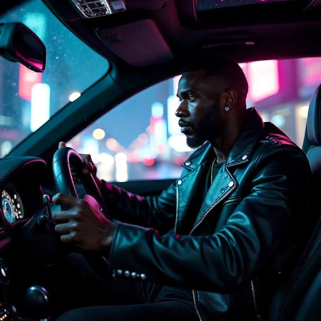 Confident Black Man in a Neon Cyberpunk Car