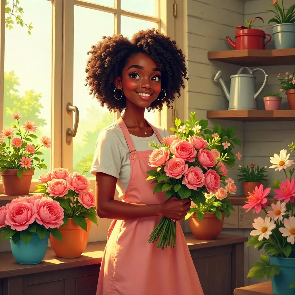 Cheerful Black Girl in a Flower Shop