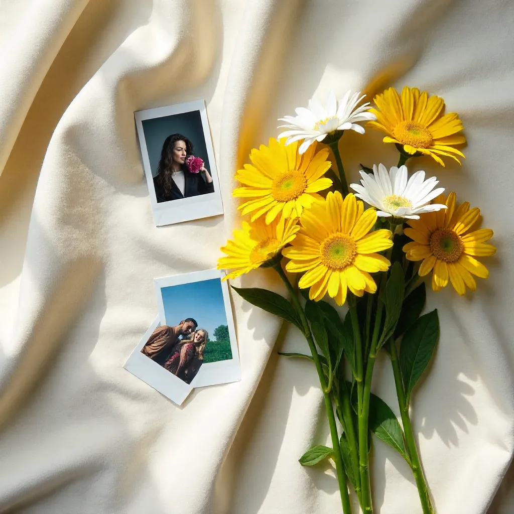 Chic Daisy Polaroid Flat Lay on Soft Velvet