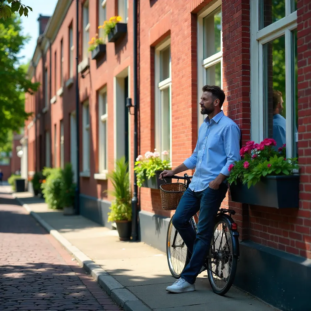Sunlit Street Moment: Man by Bike and Flowers
