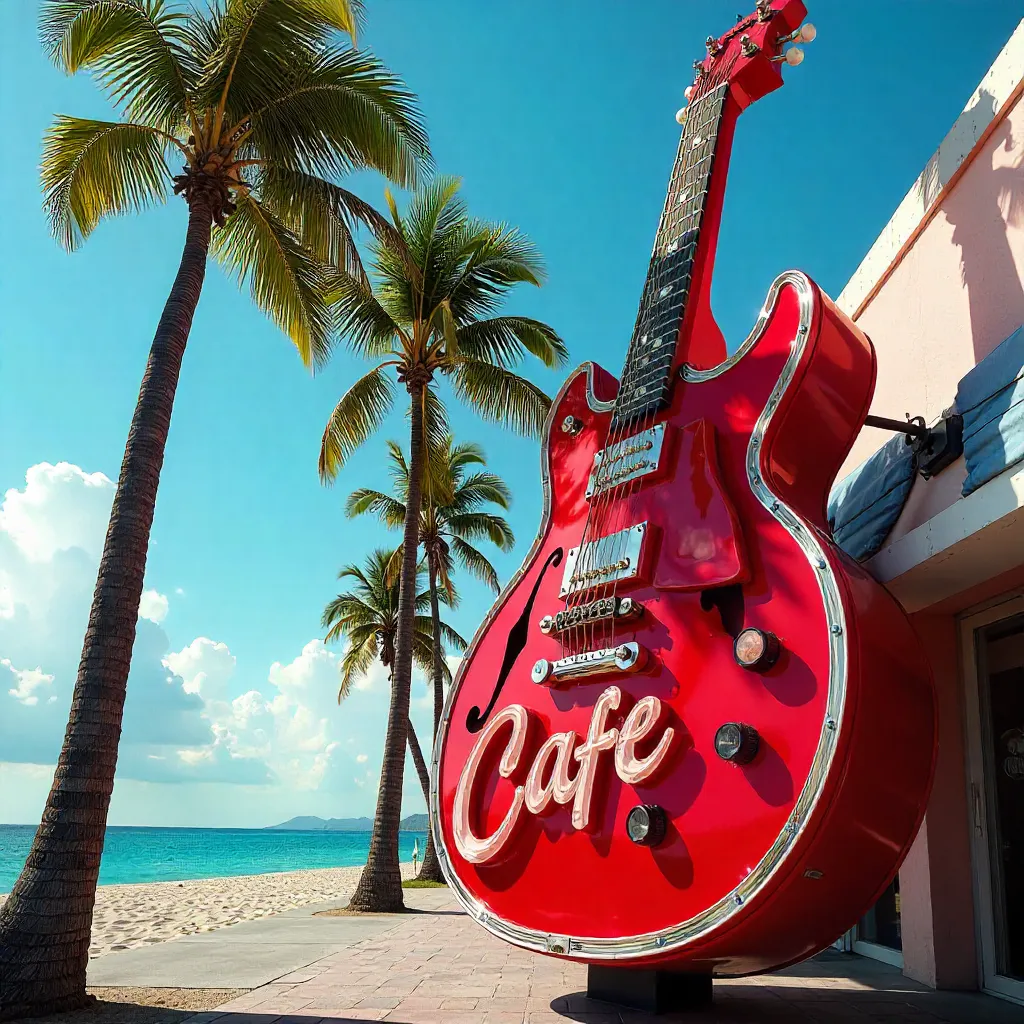 Bright Red Guitar Sign Over Rock Cafe with Palm Trees