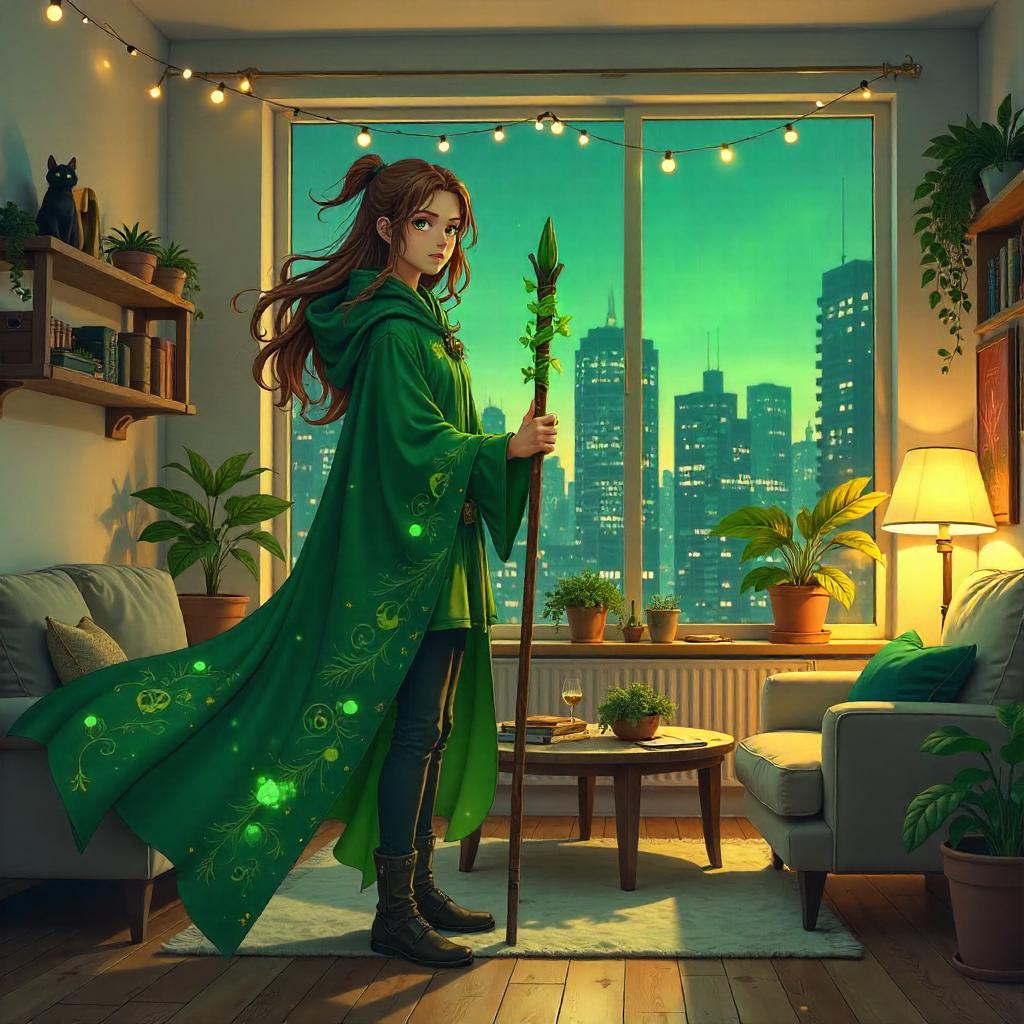 Anime Druid in a Cozy Apartment with Green Magic