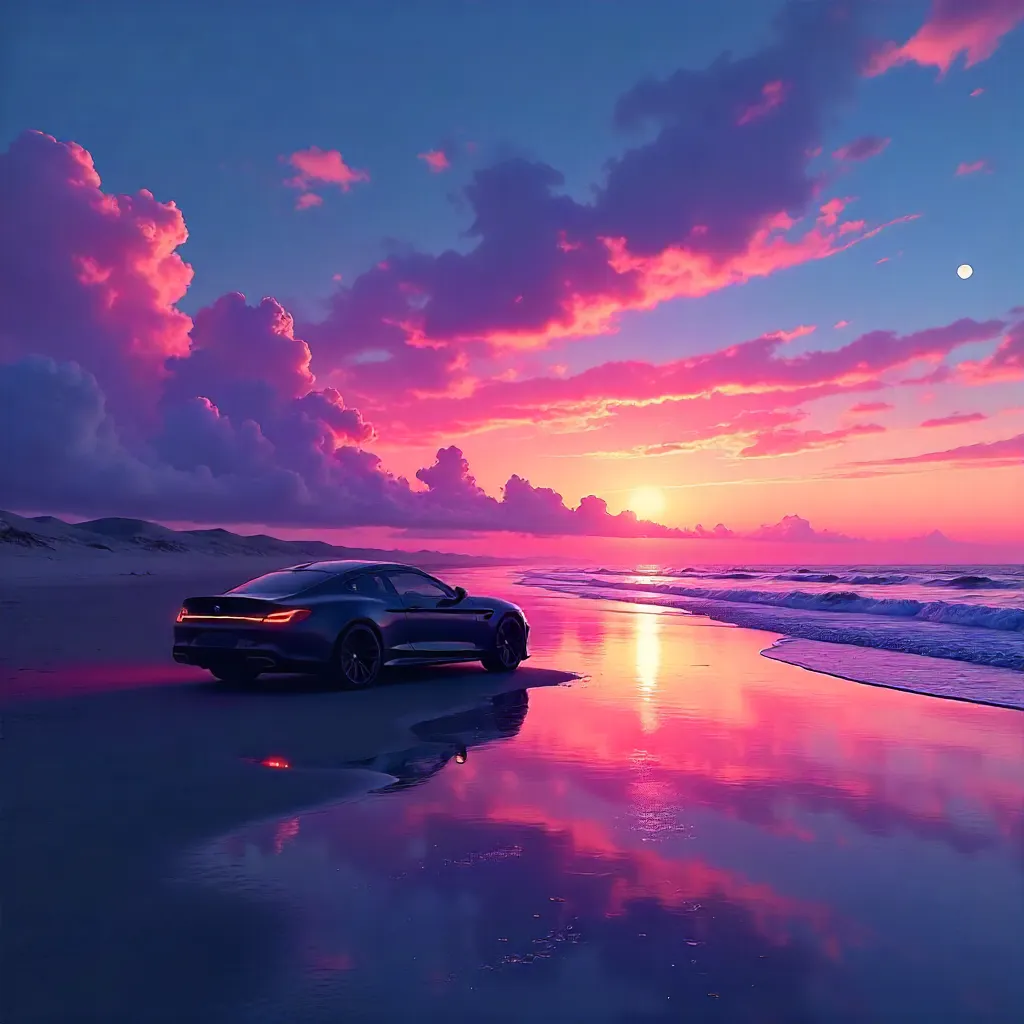 Twilight Beach: Car Silhouette Under a Vibrant Sky