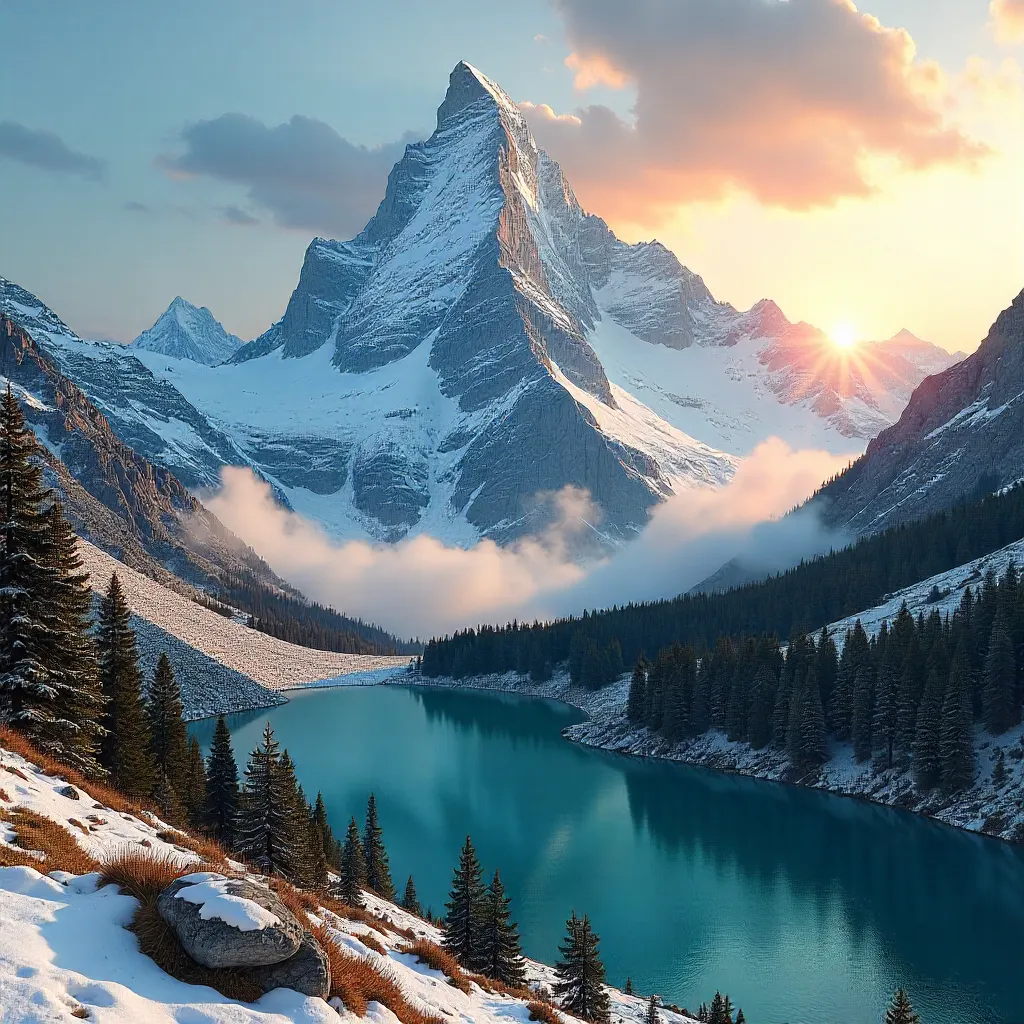 Alpine Sunrise: Snow-Capped Peak in Alpenglow