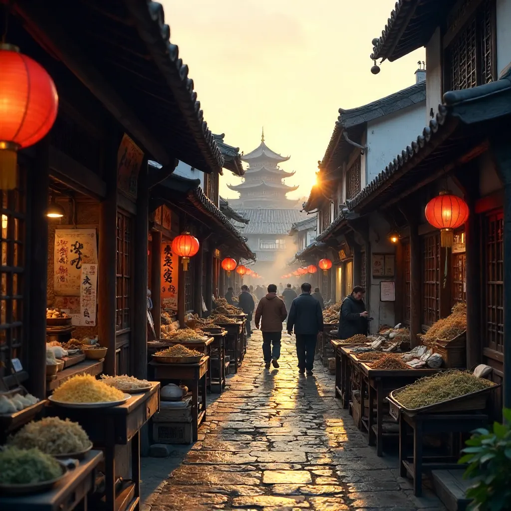 Golden Hour on a Traditional Chinese Wooden Market Street