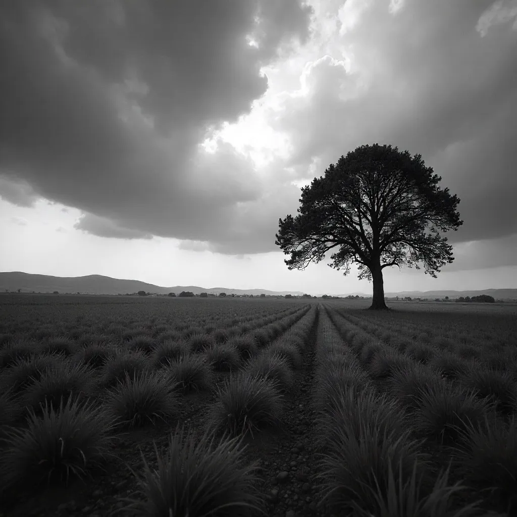 Lone Tree in a Vast Monochrome Field