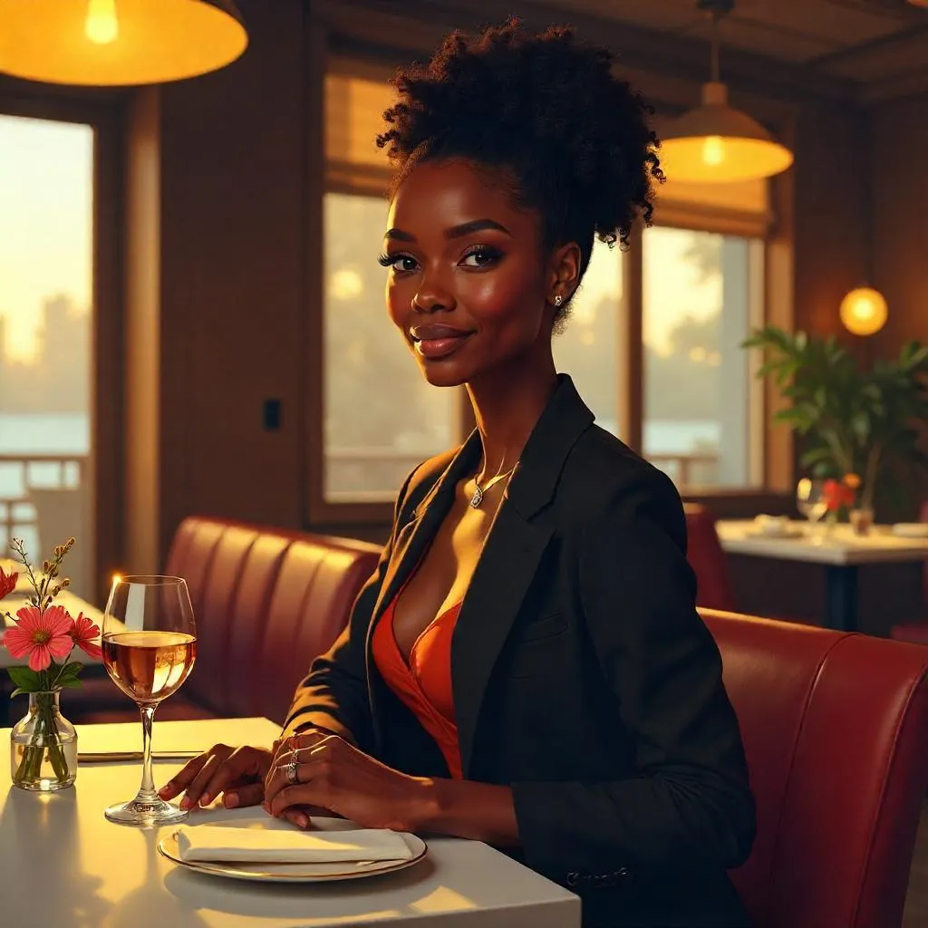 Confident Black Woman in a Modern Restaurant Digital Portrait