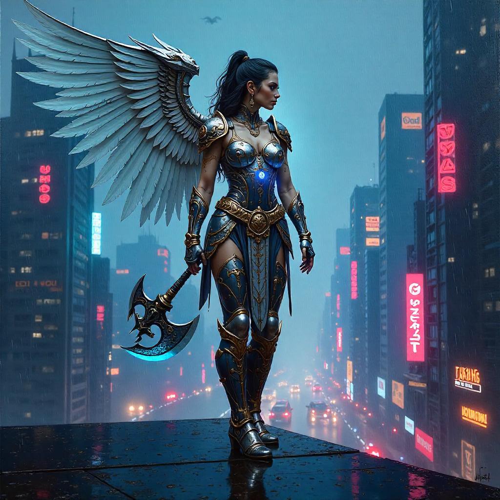 Neon Valkyrie: An Oil Painting in Cyberpunk Realms