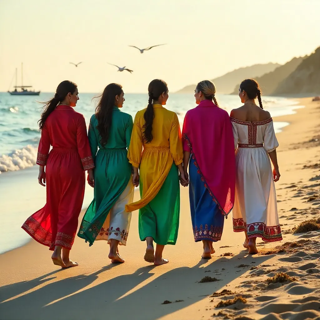 Five Women in Traditional Attire on a Sunny Beach
