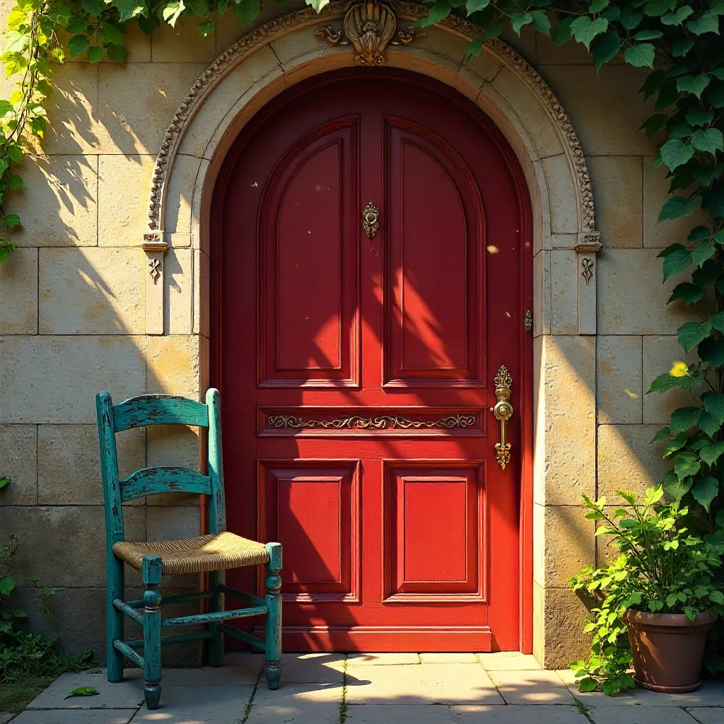Red Arched Door with Ornate Details Beside Rustic Chair