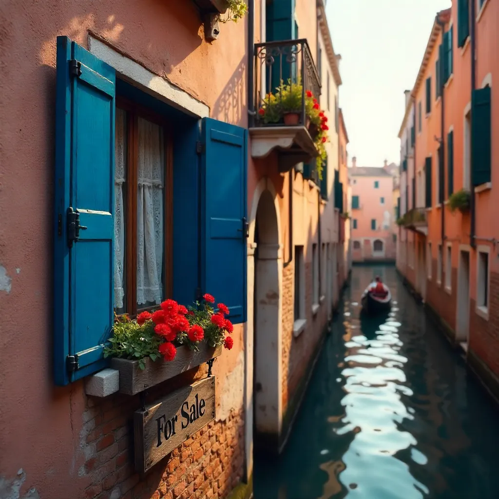 Venice Facade: Blue Shutters and For Sale Sign