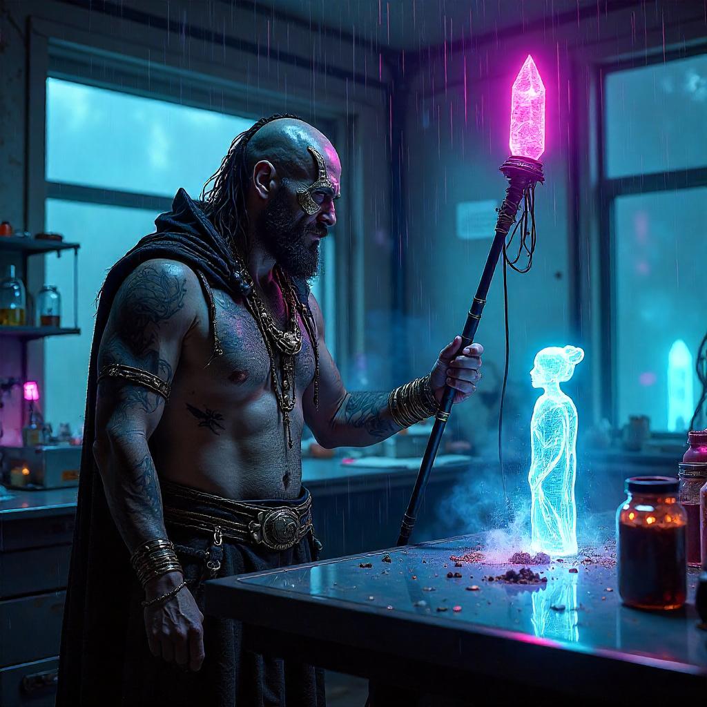 Neon Shaman in a Cyberpunk Laboratory