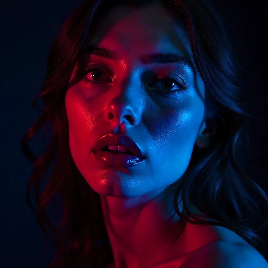 Neon Duel: Woman Portrait in Red and Blue Light