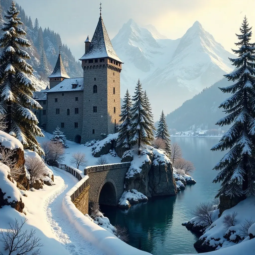 Snowy Burg Taufers Castle in Winter Forest