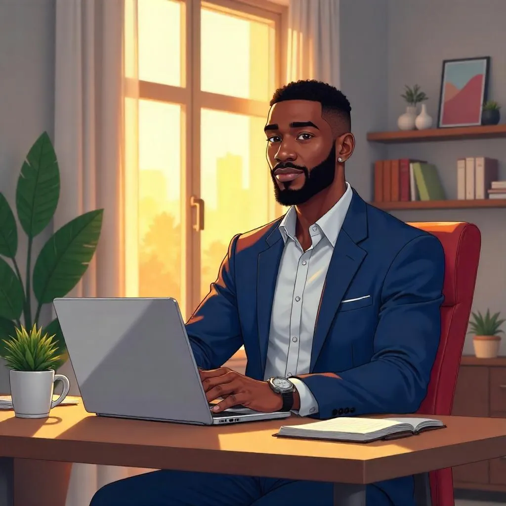Anime-Style Professional Black Man at Home Office