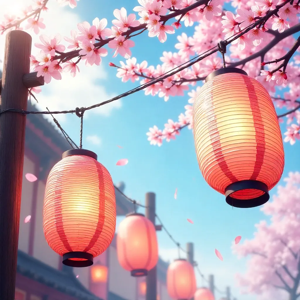 Lanterns Among Sakura under a Clear Blue Sky