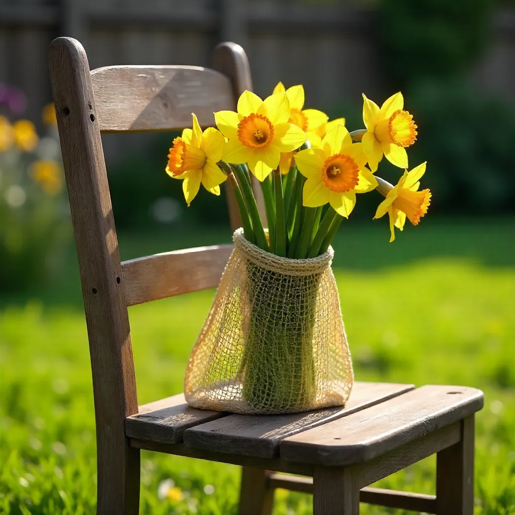 Daffodils in a Mesh Bag on a Rustic Outdoor Chair