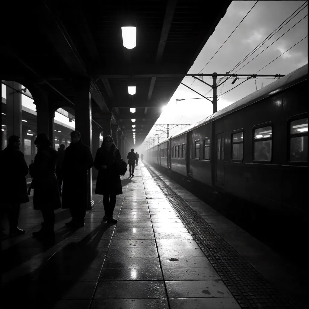 Monochrome Train Station with Dramatic Shadows