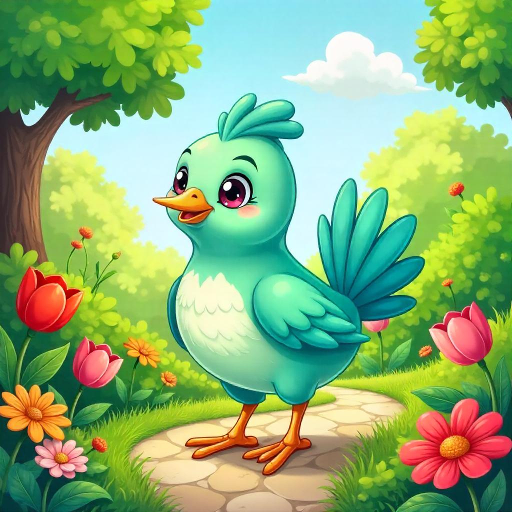 Cartoon Peacock in a Sunny Garden