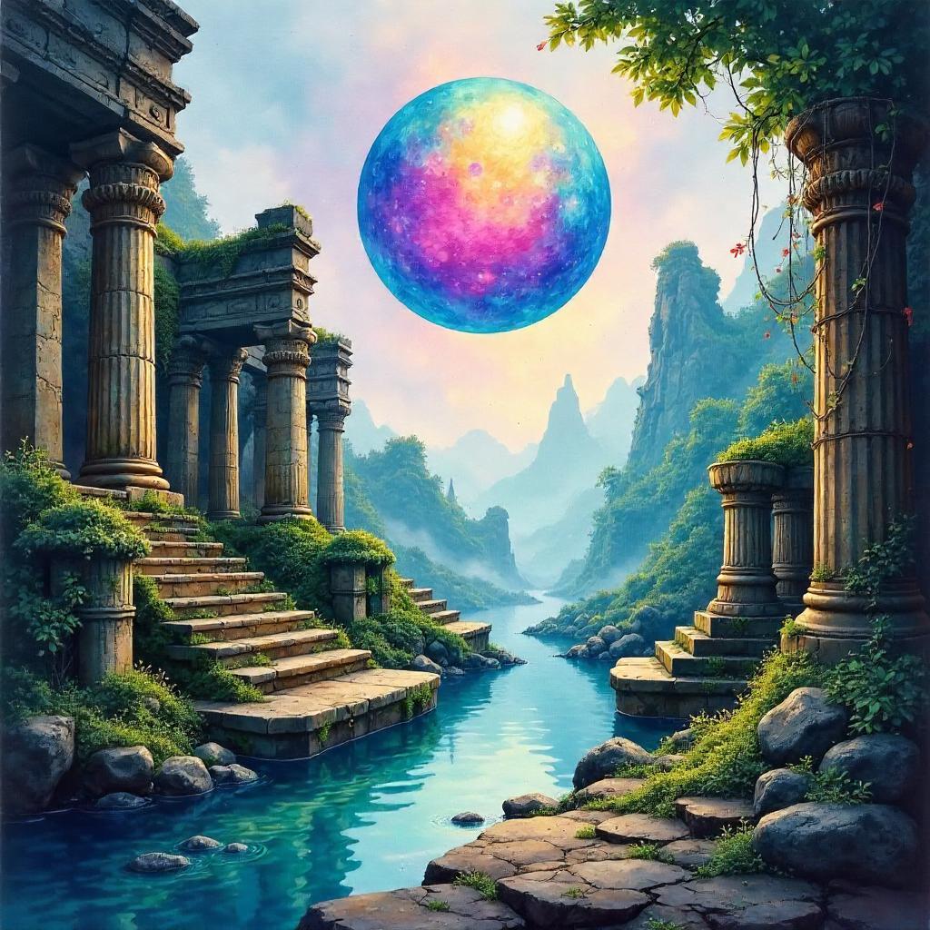 Luminescent Orb Over a Watercolor Lost City