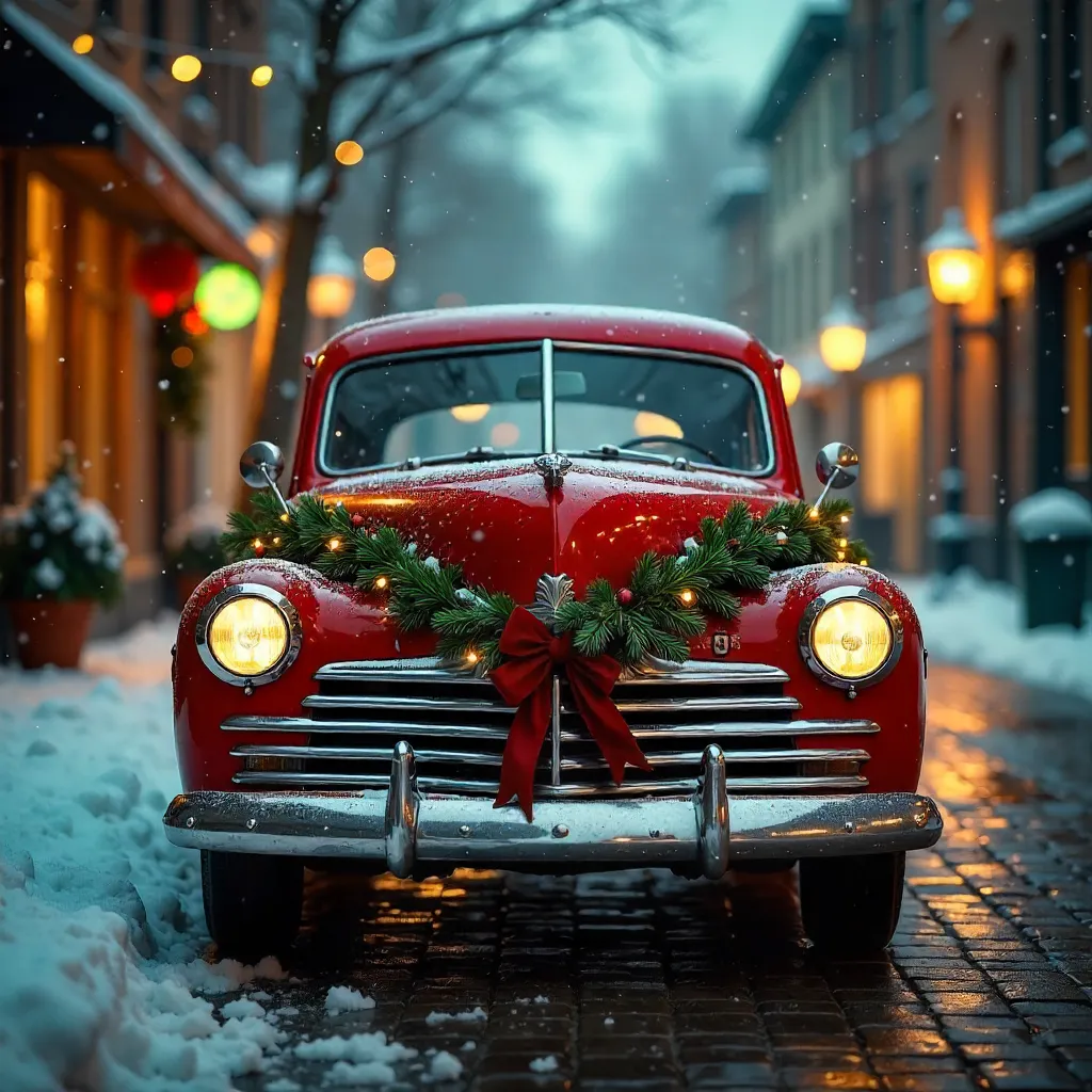 Vintage Red Car Dressed in Evergreen Holiday Ornaments