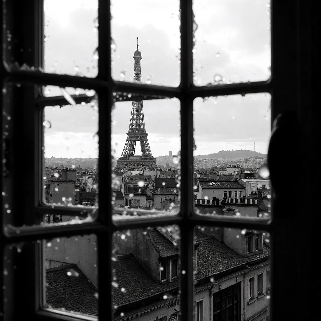 Through a Wet Window Grid: Black & White Paris Skyline