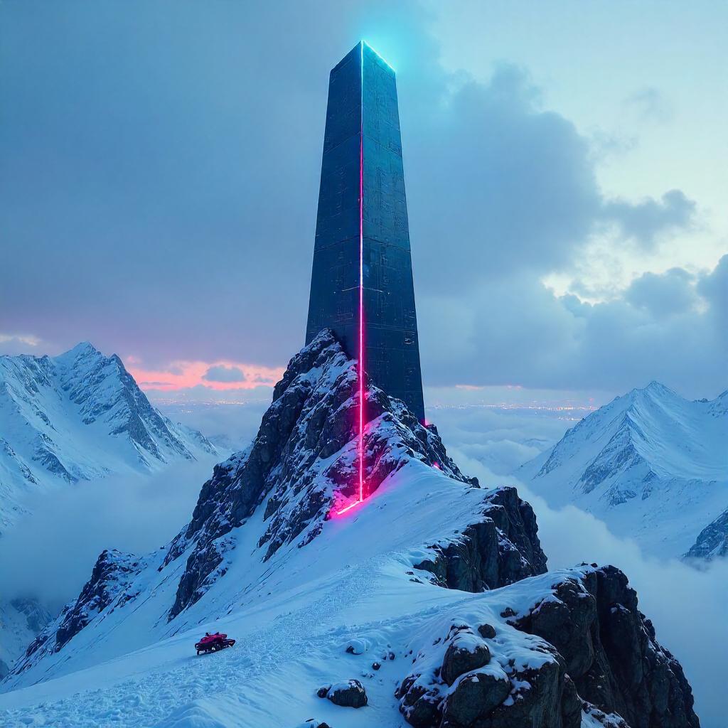 Neon Obelisk on a Snowy Cyberpunk Summit