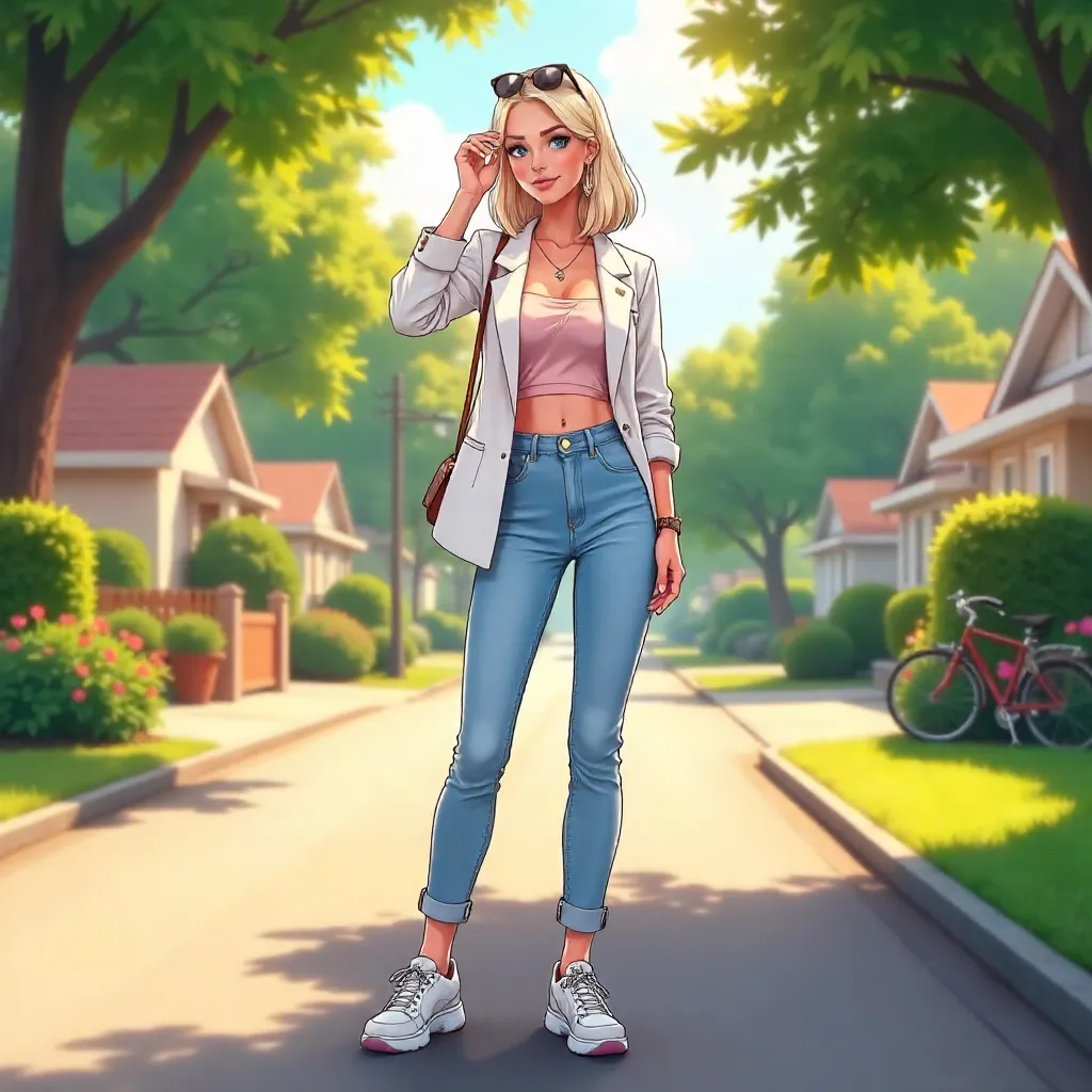 Stylish Anime Woman in Suburban Street