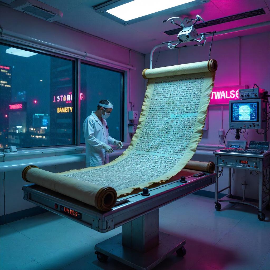 Ancient Scroll in a Neon-Lit Hospital Ward