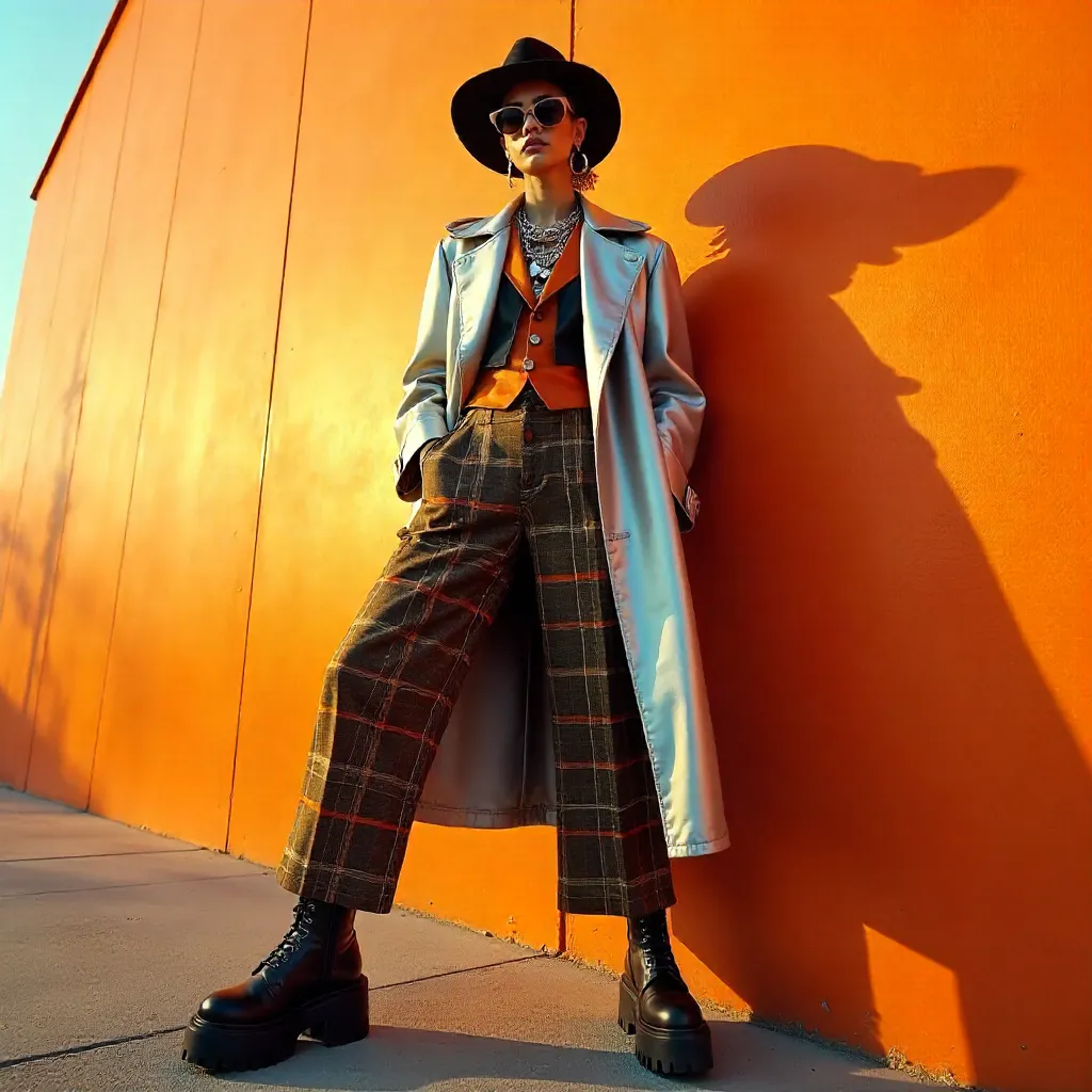 Bold Fashion against a Vivid Orange Wall