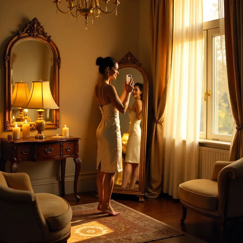Golden Hour Mirror Selfie in an Elegant Room