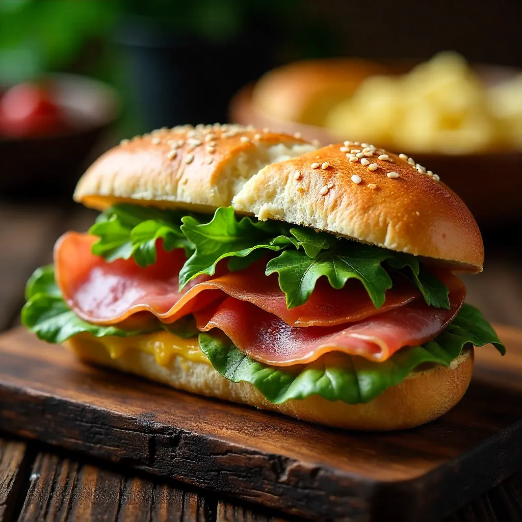 Macro Close-Up: Gourmet Prosciutto Sandwich on Wooden Board