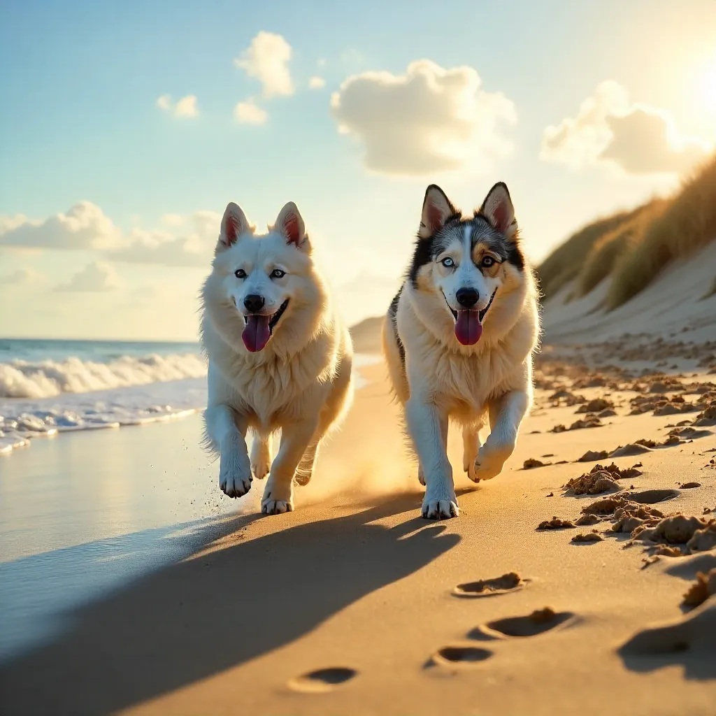 Joyful Beach Run: Aussie Shepherd and Samoyed