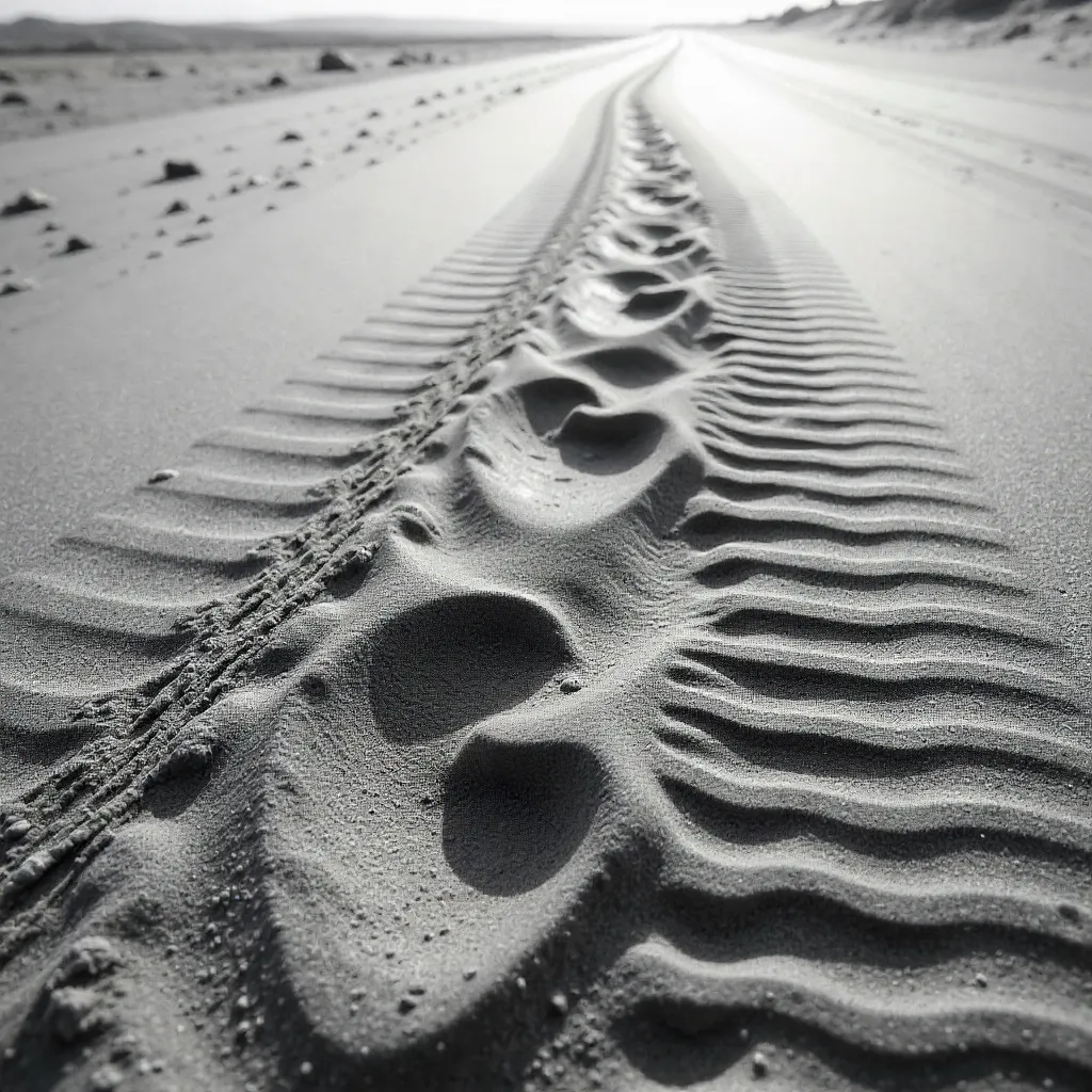 Black and White Sand: Footprints and Tire Tracks