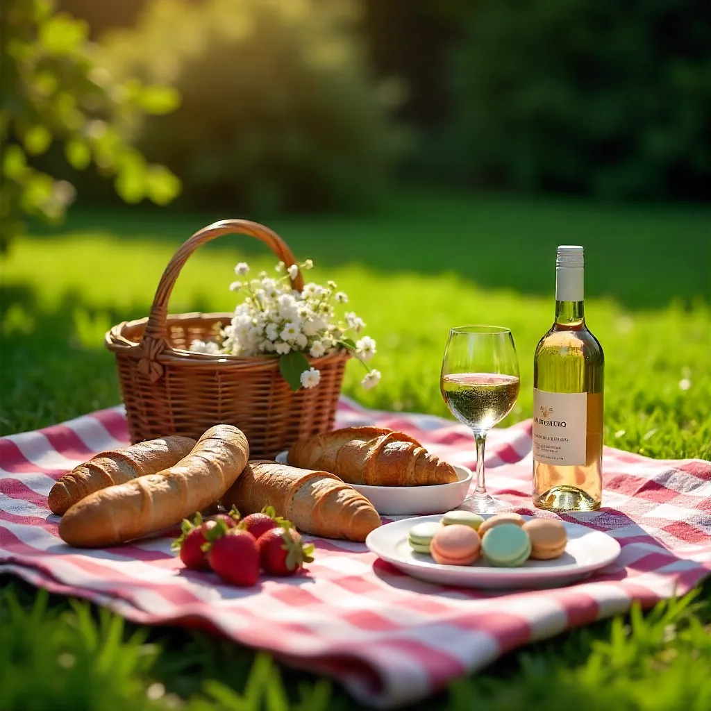 Sunlit Summer Picnic with Baguettes and Macarons